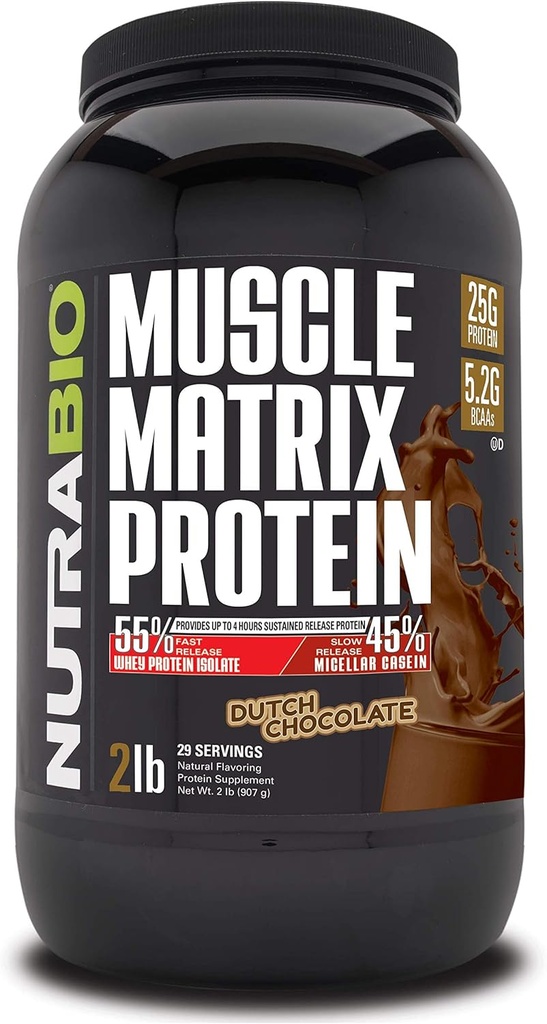NutraBio Muscle Matrix Protein pulver - 25 g protein Per Scoop - Whey Isolate og Micellar Casein Combo for rask og langsom utgivelse - nederlandsk sjokolade - 2 pund, 28 serveringer
