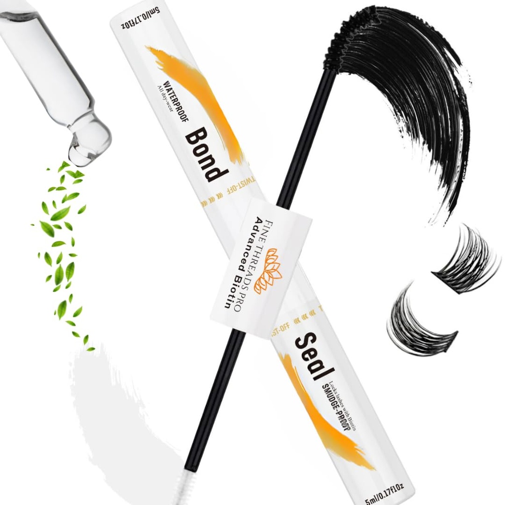 2 in 1 BIOTIN Bond and Seal Sensitive Eyes Waterproof LongLasting Strong Hold Cluster Eyelash Glue for DIY Lash Extensions at Home- Gentle Formula, Non-Toxic- 5ml+5ml