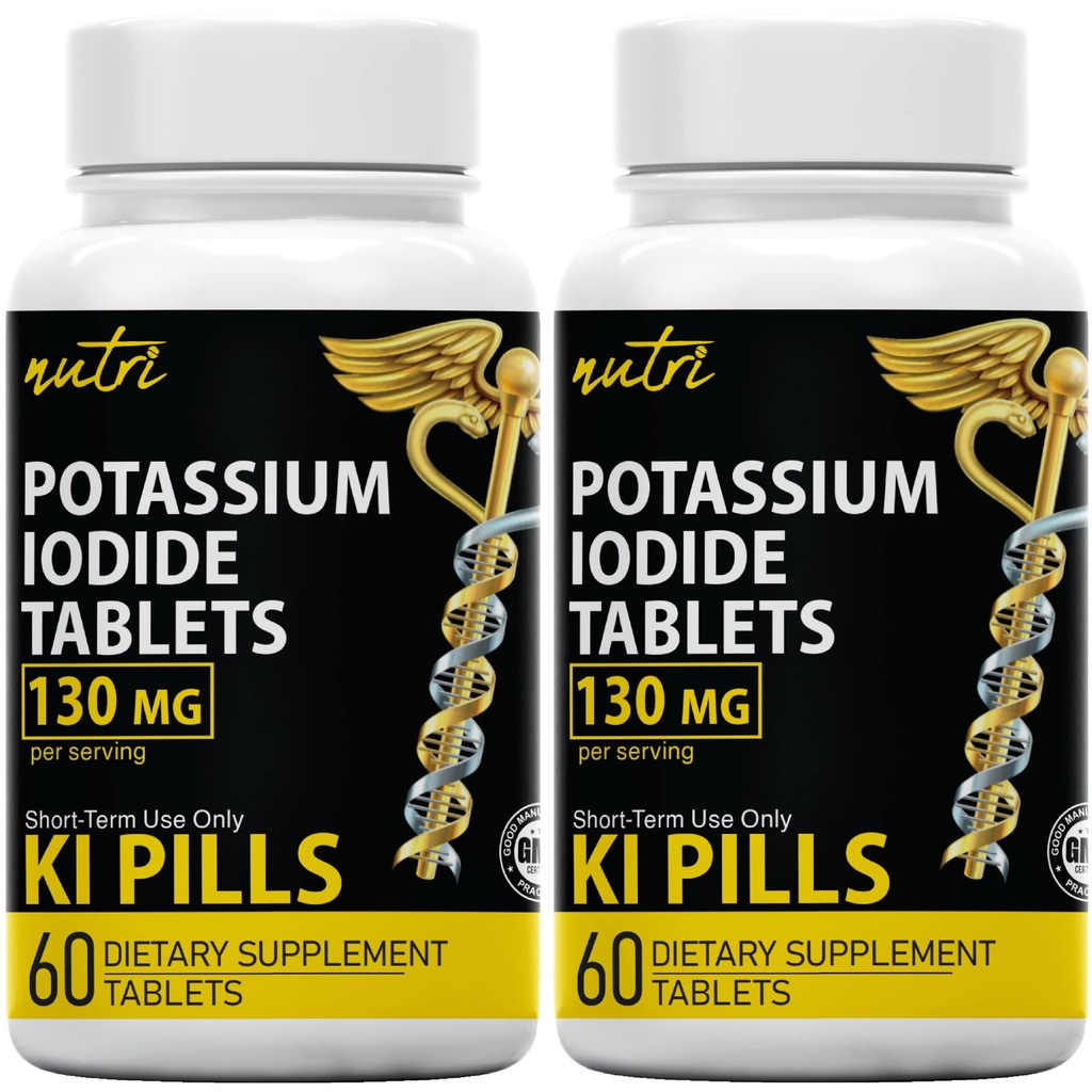 Potassium Iodide Tablets 130 mg (Pack of 2) - (120 Tablets) 10 Year Shelf-Life EXP 2034 to 2035 - Ki Pills - Yoduro de potasio - Nutri Supplements - 3rd Party Tested - NSF cGMP Certified Facility