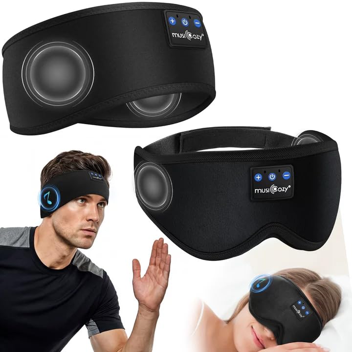 MUSICOZY 2 Pack Sleep Mask Headphones Bluetooth Headband, Sleeping Headband Headphones for Side Sleepers, 3D Sleep Mask with Headphone for Running, Workout, Travel(Classic Black)
