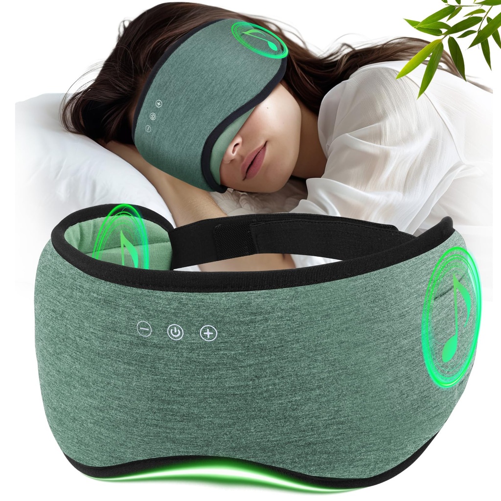Sleep Headphones with Bluetooth 5.4 Sleep Mask, Bamboo Cotton Music Wireless Bluetooth Eye Mask for Sleeping, Earphones HD Speaker Microphone for Travel, Gifts for Men Women, Green