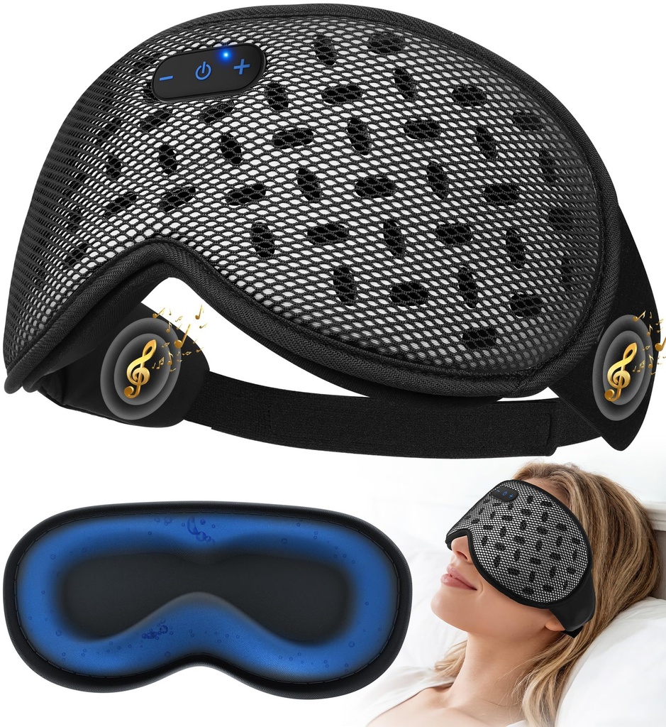 MUSICOZY Bluetooth Sleep Mask, Cooling Weighted Eye Mask with Bluetooth Headphones for Side Sleepers, 3D Contoured Relaxing No Pressure Eye Cover to Block Light for Night Sleeping(Grid Black)