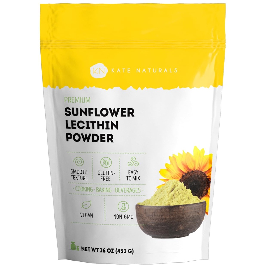 Kate Naturals Sunflower Lecithin Powder for Baking Bread, Gummies, Cooking. Substitute for Soy Lecithin Powder (16oz, Non-GMO)