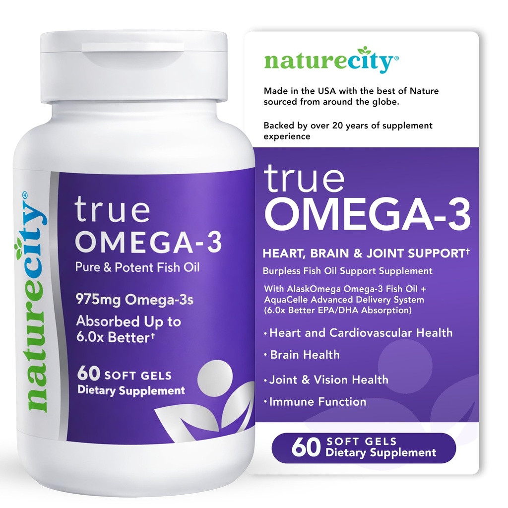 NatureCity True-Omega-3 975mg Omega-3 Fish Oil Supplements with Enhanced Absorption from AquaCelle for Heart, Brain & Joint Support (60 SoftGels) Burpless Fish Oil Pills