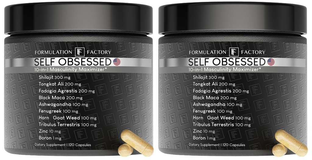 Formulation Factory Self Obsessed 10-in-1 Natural Testosterone Booster for Men, Testosterone Supplement for Men with Shilajit, Tongkat Ali, Fadogia Agrestis, 240 Capsules, 4 Month Supply