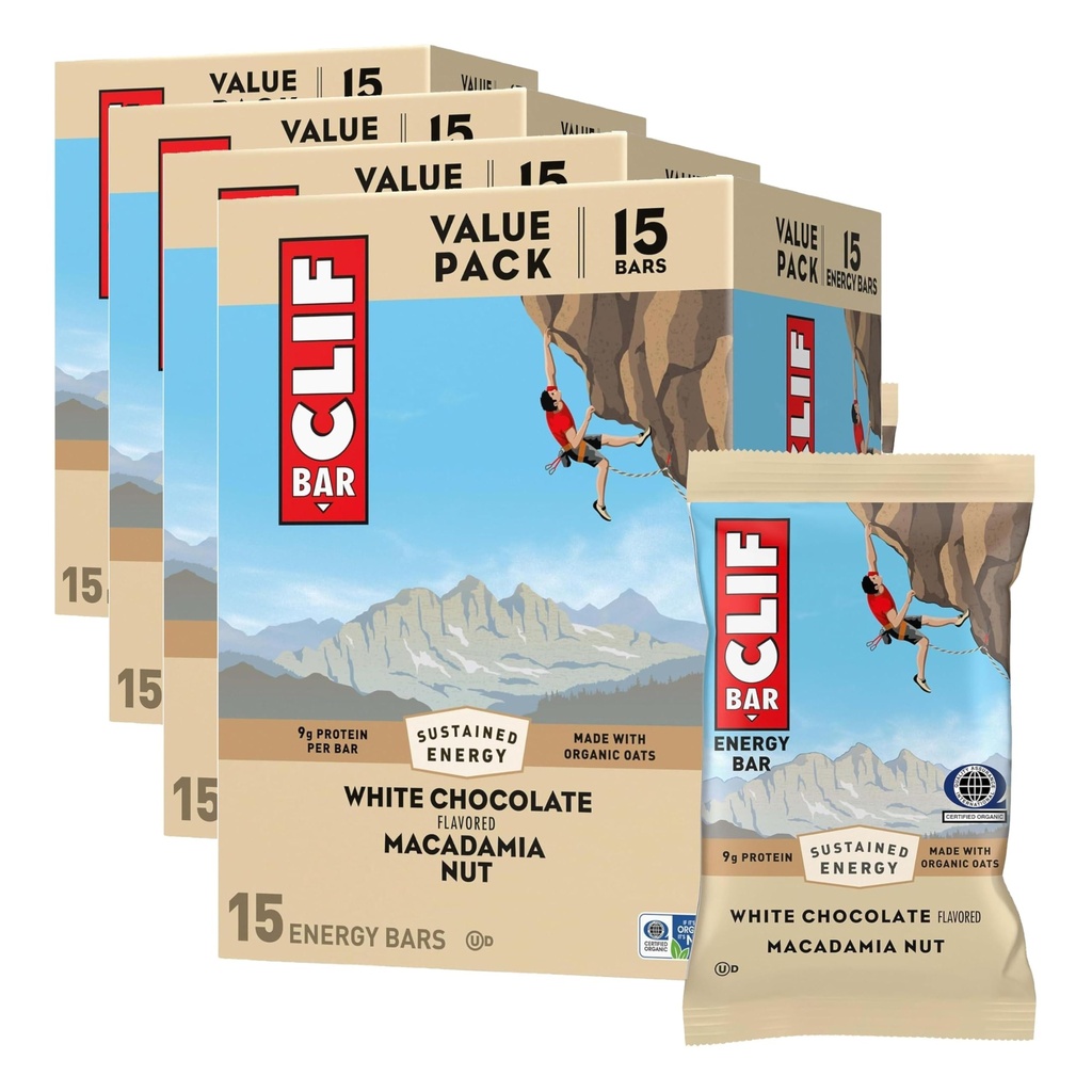CLIF BAR - Energy Protein Bars - White Chocolate Macadamia Nut - Made with Organic Oats - Energy Bars - Non-GMO - (15 Count) (Pack of 4)