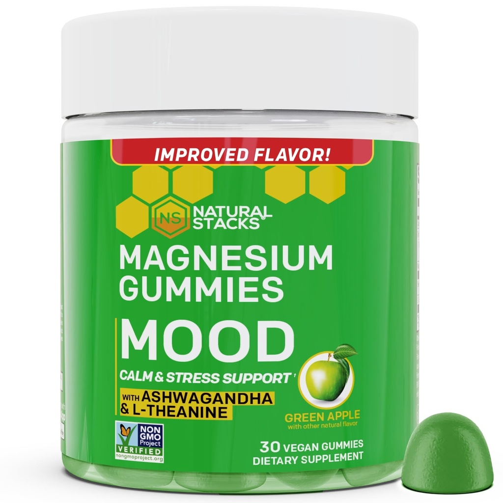 Mood Magnesium Gummies - 200mg Magnesium Citrate & 125mg Sensoril Ashwagandha Gummies - with L Theanine for Calm & Stress Support - Mag Citrate and Ashwagandha Supplement - 30 Green Apple Chewables