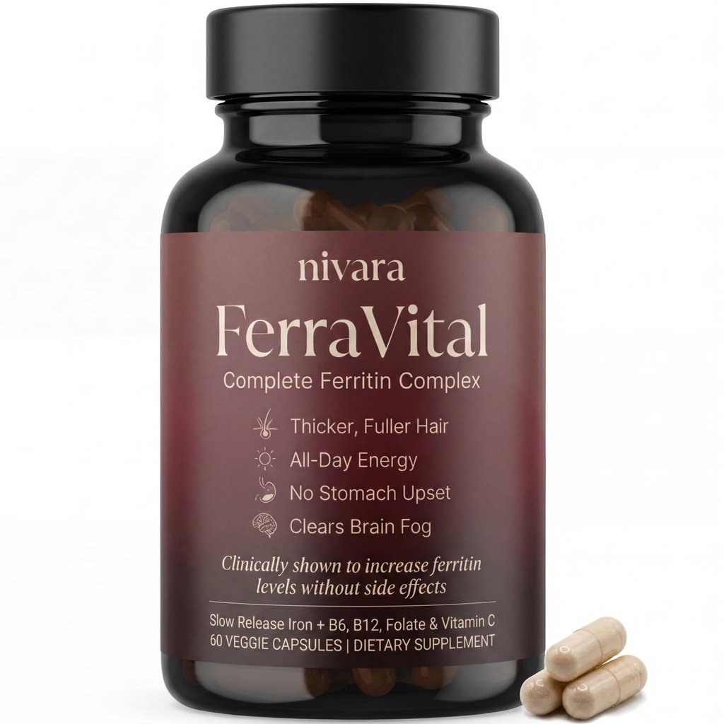 Nivara FerraVital Ferritin Complex - Iron Supplement for Women & Men with Bisglycinate, Vitamin C, B12, Lactoferrin, Methylfolate, Slow Release Gentle Iron Pills for Hair & Energy Support, 60 Capsules