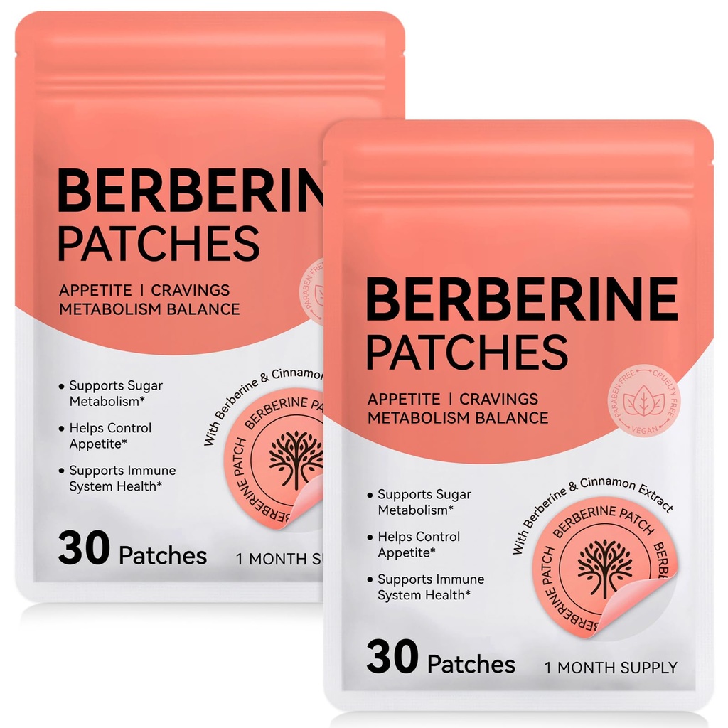 2 Pack Berberine Patches with Cinnamon, Pomegranate, Ultra-Thin & Breathable Textile, Botanical Formula, Waterproof, Long-Lasting