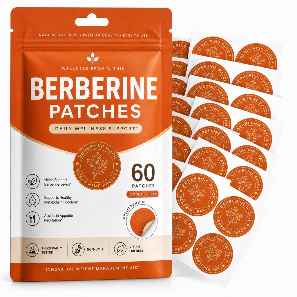 Berberine Transdermal Patches 60 Pack - Vegan Appetite Support Stickers with Botanical Blend (Pomegranate, Cinnamon, L-Glutamine) - Multiple Body Parts for Men & Women