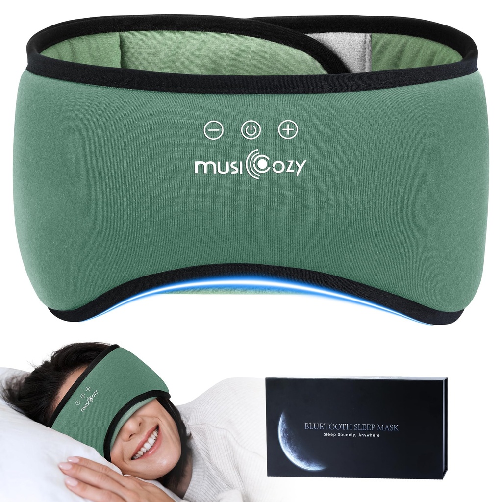 MUSICOZY Sleep Mask with Bluetooth Headphones, Bamboo Cotton Extended Sleep Headphones for Side Sleepers, Bluetooth Eye Mask for Sleeping, Wireless Earphones with HD Stereo Speakers (Dark Green)