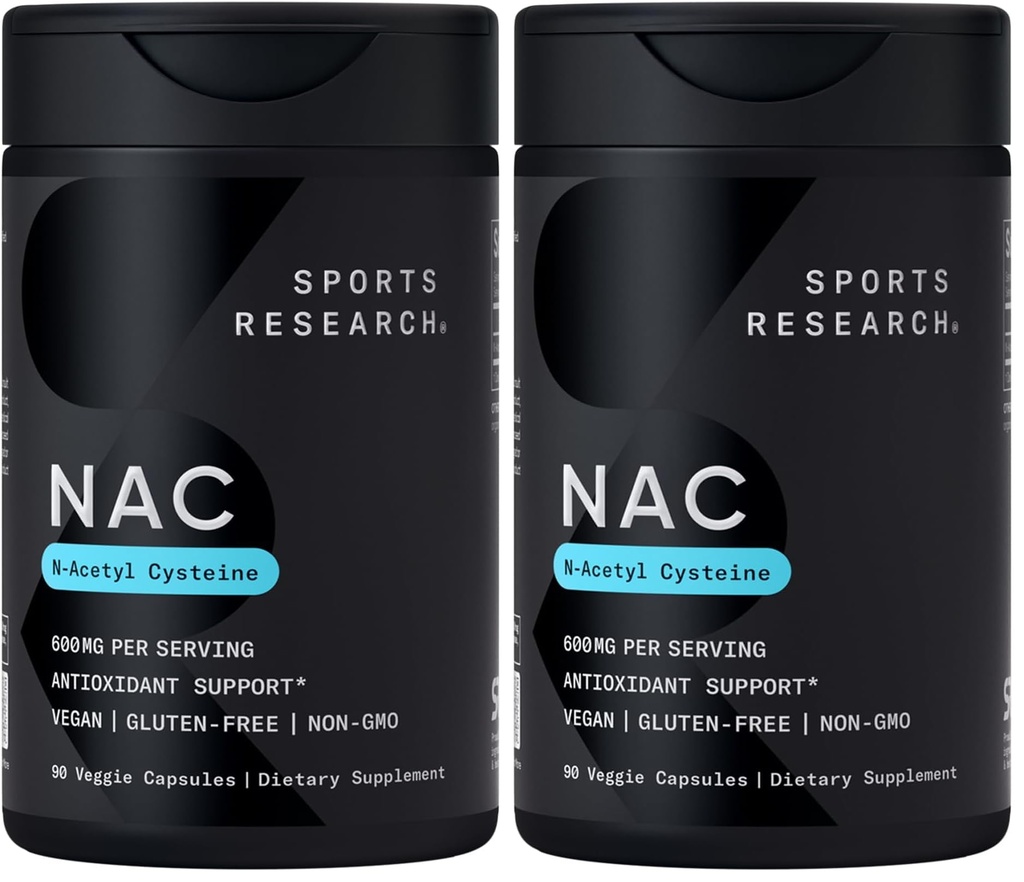 Sports Research N-Acetyl L-Cysteine (NAC) 600mg, 90 Veggie Capsules - Vegan, Non-GMO, Gluten Free. Lemon Aroma (Pack of 2)