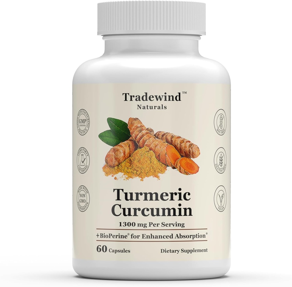 Turmeric Curcumin 1300mg - 95 % Curcuminoids 및 BioPerine Black Pepper Extract가있는 프리미엄 심황 - 향상된 흡수 - Non-GMO - 60 식물성 캡슐 - 미국에서 제작