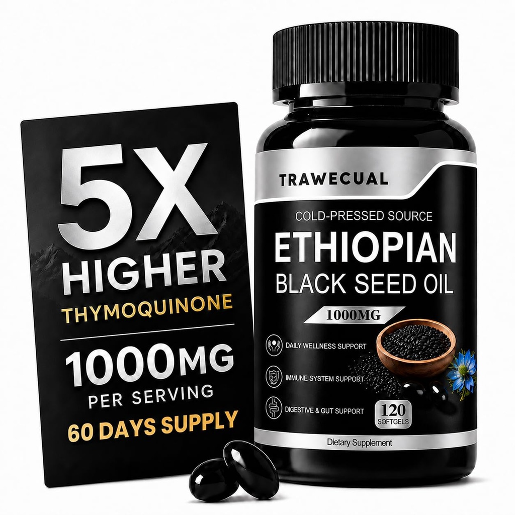 Ethiopian Black Seed Oil Capsules, 1000mg Organic Cold Pressed Black Seed Oil, Black Cumin Seed Oil Softgels, Non-GMO, Gluten-Free, 120 Softgels, 60 Day Supply
