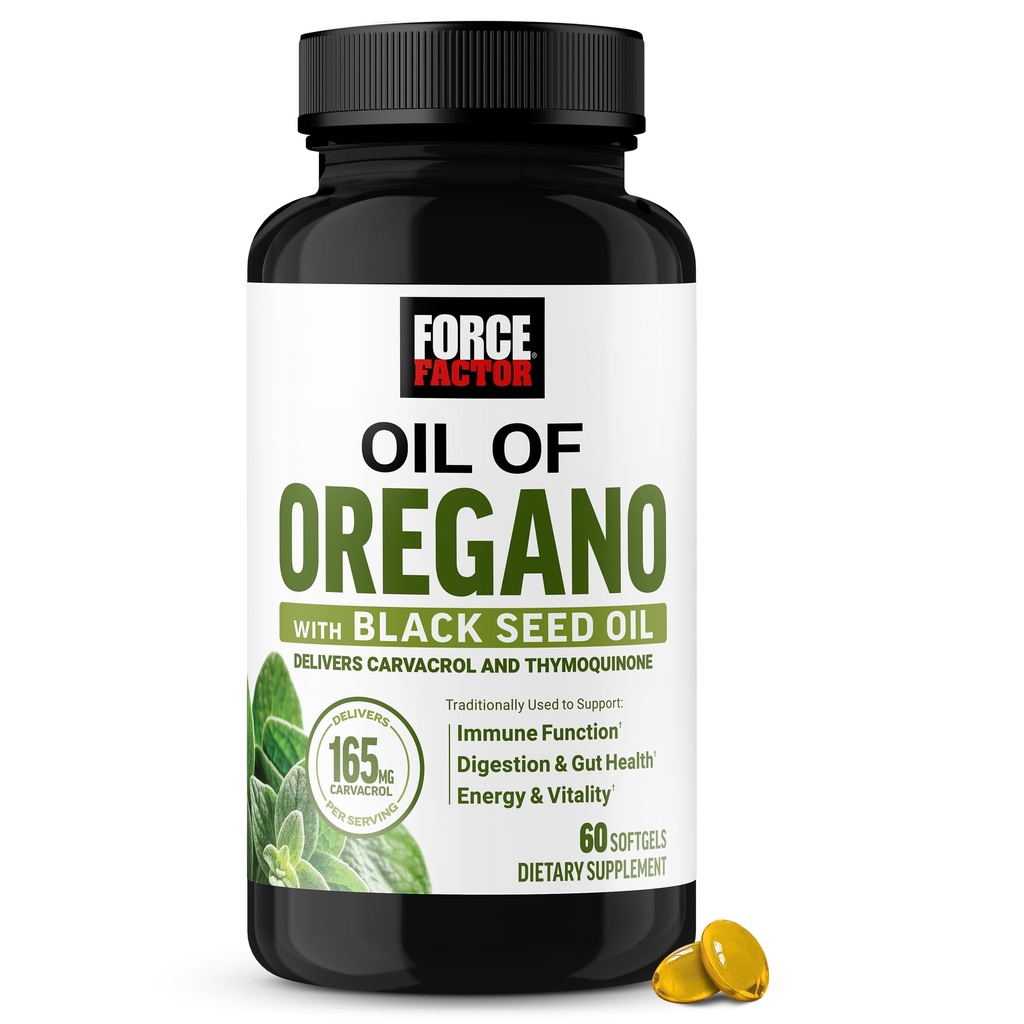 Force Factor Oil of Oregano with Black Seed Oil, Traditionally Used to Support Immune Function, Digestion & Gut Health, Energy & Vitality, Delivers Carvacrol & Thymoquinone, 60 Softgels