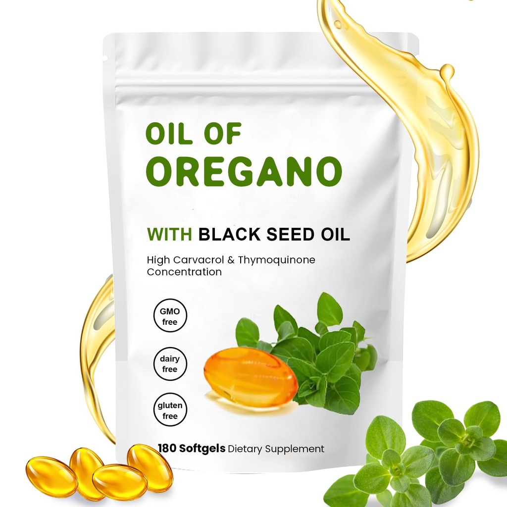 2-in-1 Oil of Oregano Softgels, Organic Oregano Oil Supplement Capsules, Non-GMO, Oregano Oil and 200 mg Black Seed Oil