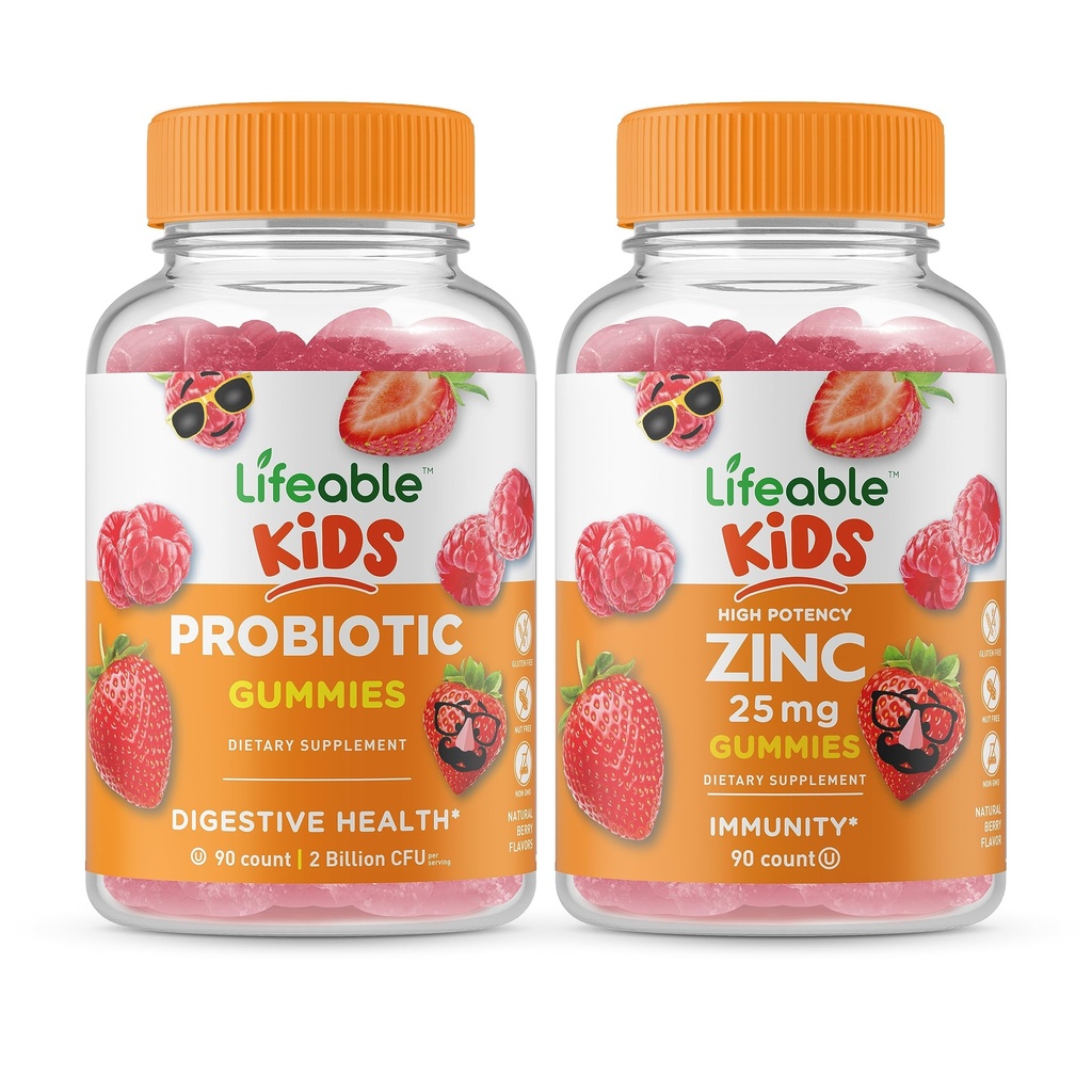 Lifeable Probiotic 2 Billion CFU Kids + Zinc 25mg Kids, Gummies Bundle - Great Tasting, Vitamin Supplement, Gluten Free, GMO Free, Chewable Gummy