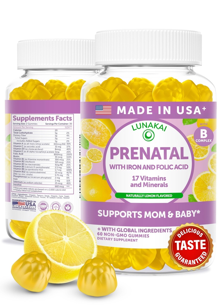 Lunakai USA Made 17-in-1 Prenatal Vitamins for Women with Iron & Folic Acid – Delicious Daily Prenatal Gummies for Maternal Wellness Support, 60ct