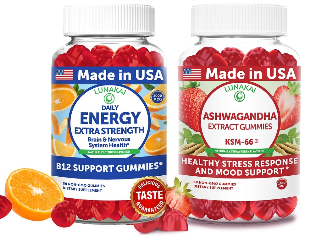 Lunakai USA Made Energy B12 & Ashwagandha Gummies Bundle – Daily Energy & Mood Support – 60 Non-GMO Gummies Each