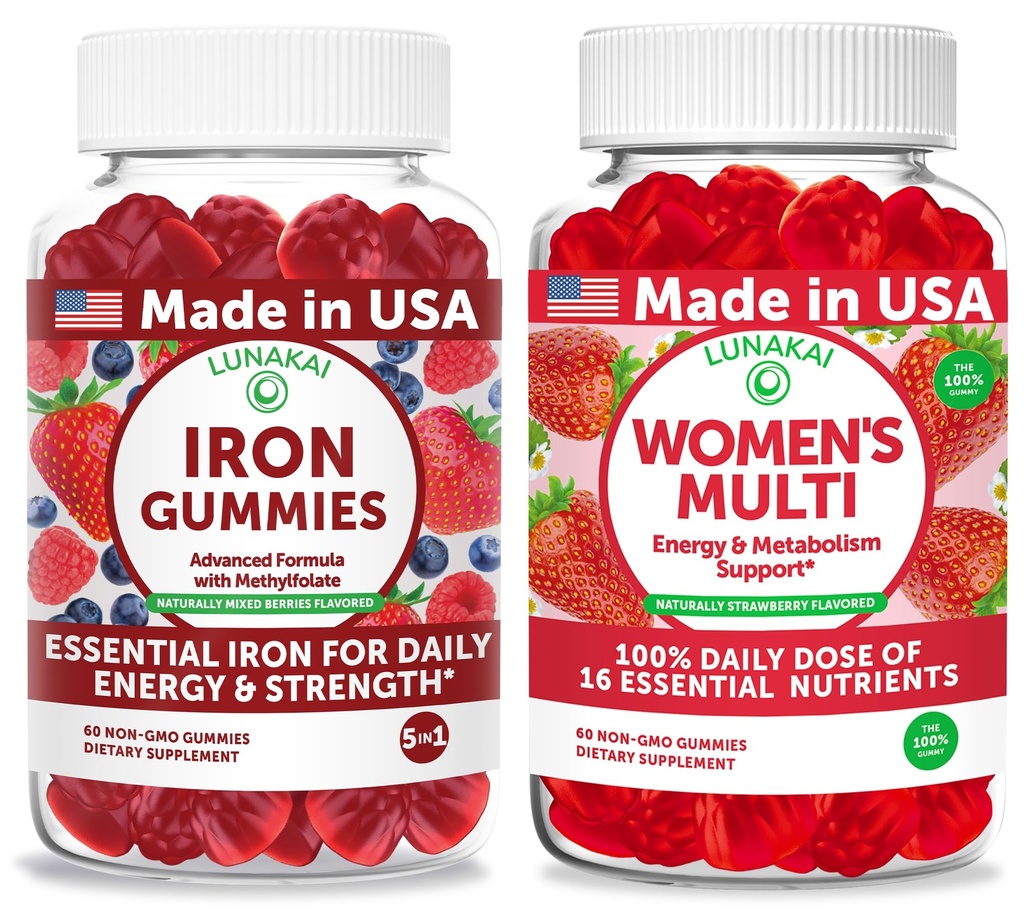 Lunakai USA Made Iron Gummies + Women’s Multivitamin Gummies Bundle – Naturally Flavored, Non-GMO – 60ct Each