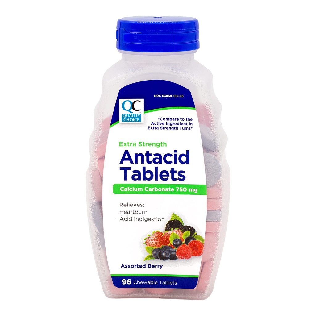 Quality Choice Extra Strength Antacid Tablets, Calcium Carbonate 750 mg, Assorted Berry, 96 Chewable Tablets (Pack of 2)