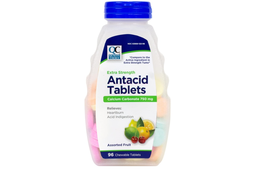 Quality Choice Extra Strength Antacid Tablets, Calcium Carbonate 750 mg, Assorted Fruit Flavor, 96 Chewable Tablets