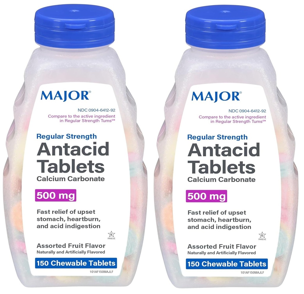 2/Pack Regular Strength Antacid Tablets Chewable Calcium Carbonate 150 Tablets 500mg Assorted Fruit Flavor, Gluten Free