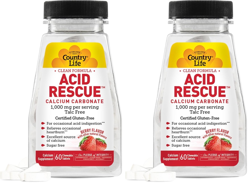 Country Life Acid Rescue Chewable Tablets - Certified Vegan & Gluten-Free Heartburn Relief, 400mg Calcium & Magnesium, Non-GMO, Sugar-Free Berry Flavor, Supports Bone Health, 60 Count (Pack of 2)