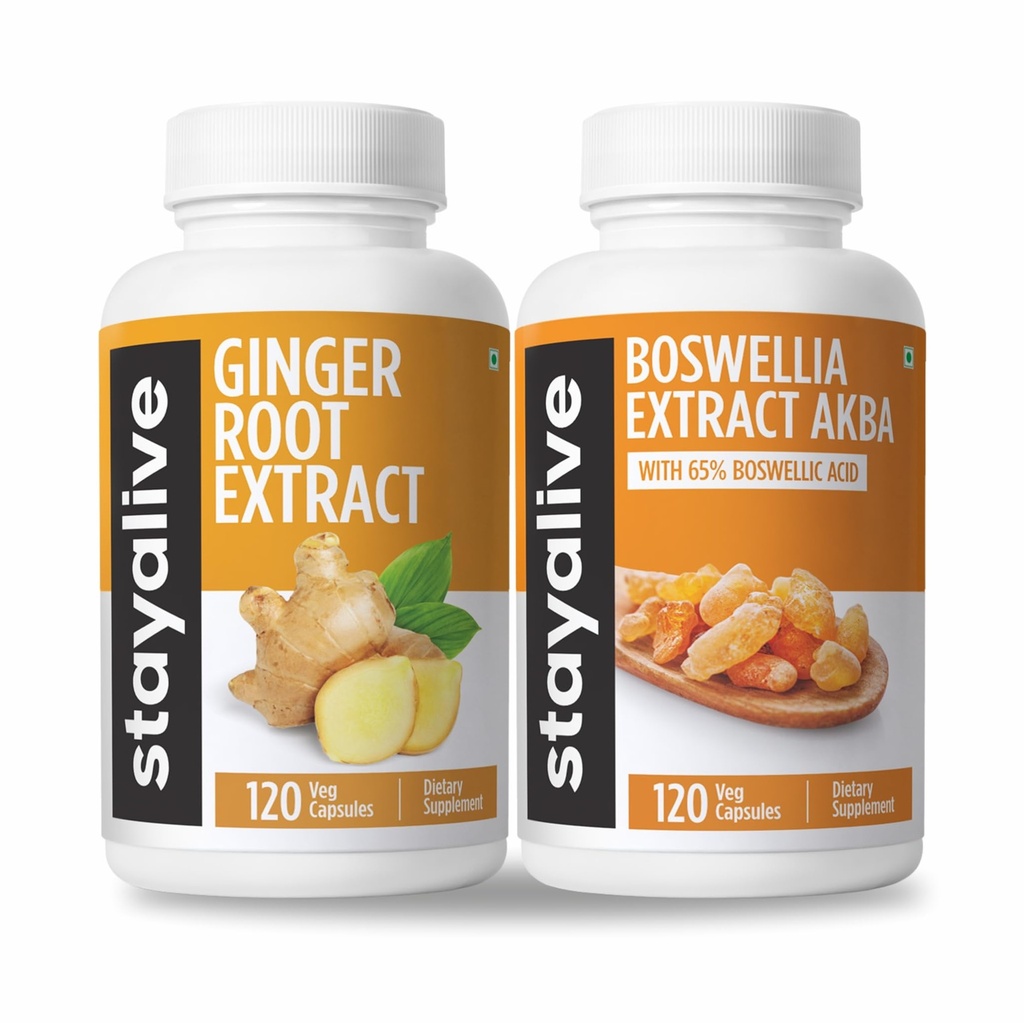 STAY ALIVE Ginger Root and Boswellia Serrata Bundle with AKBA and Gingerols, 240 Vegan Pills, Non-GMO & Gluten Free Joint Support Supplement
