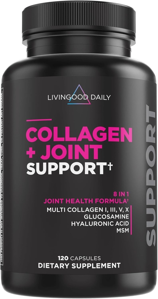 Livingood Daily Collagen + Joint Support, Grass Fed Multi Collagen Peptides I III V X с гиалуроновой кислотой, Joint Support Supplement for Women & Men, Hair Skin Nails, Keto & Gluten Free, 120 капсул