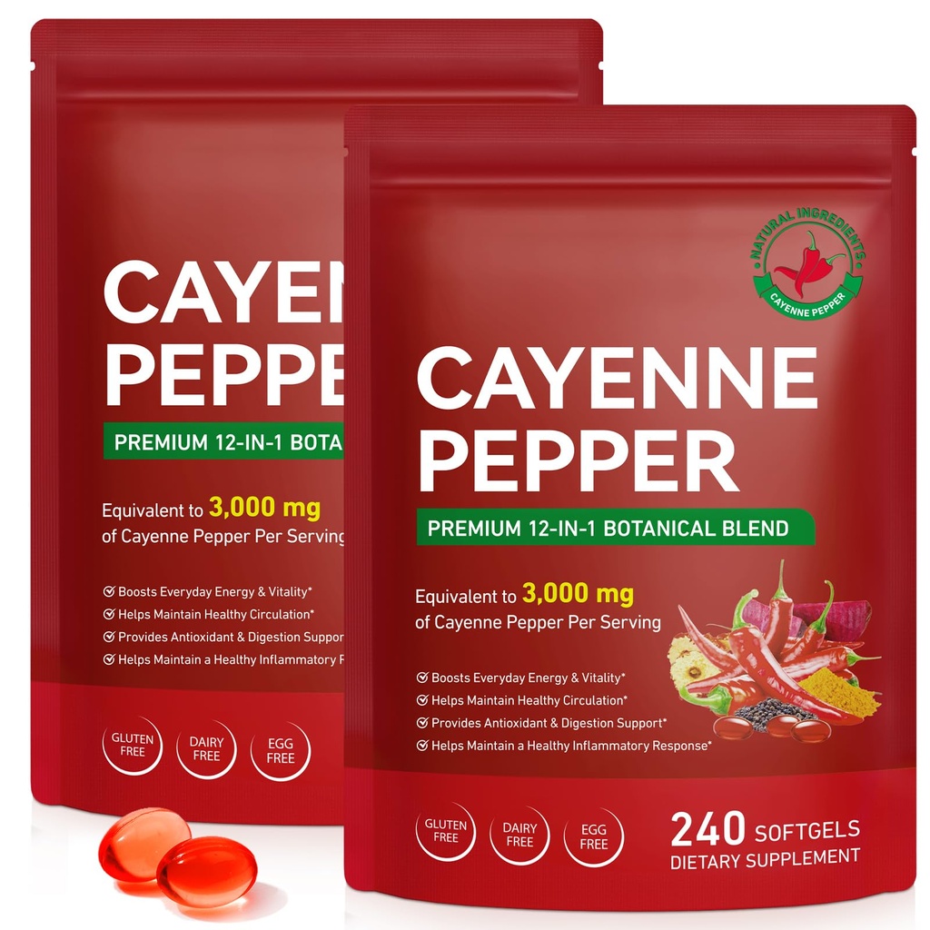 Cayenne Pepper Capsules, Cayenne Pepper Capsaicin Supplements Support Leg Vein, Heart Health and Blood Circulation, with Vitamin E D3 K2 and Extracts of Grape Seed, Beetroot and Turmeric, 2 Pack