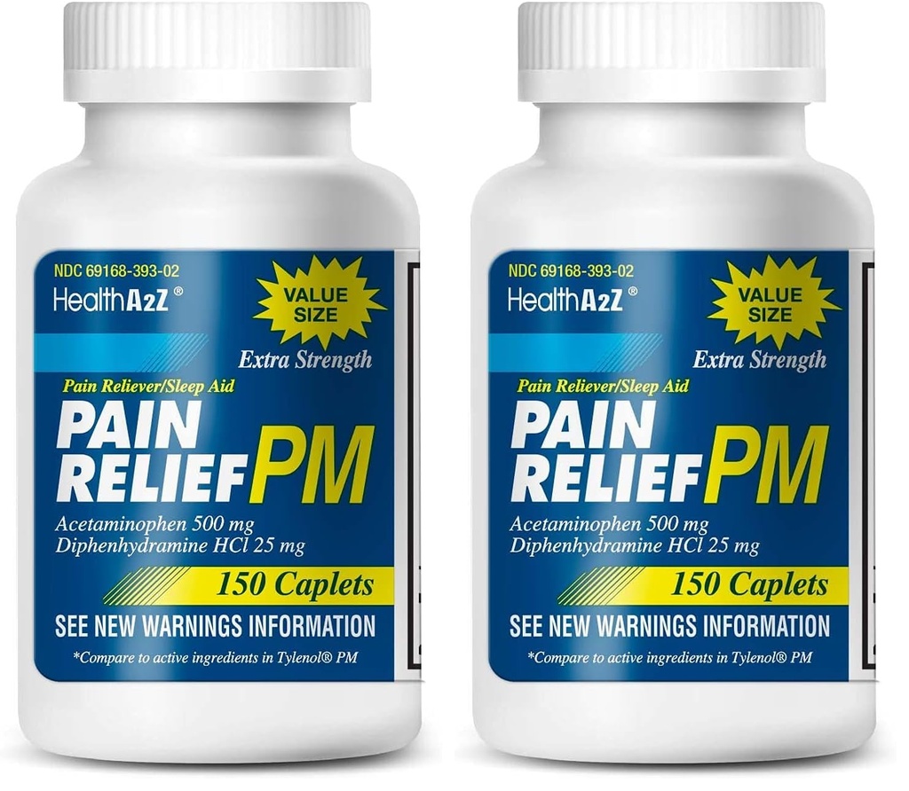 HealthA2Z® Extra Strength Pain Relief PM, Acetaminophen 500mg, Diphenhydramine HCl 25mg, Pain Reliever, Nighttime Sleep Aid, 300 Counts (Pack of 2, 150 Counts Each)
