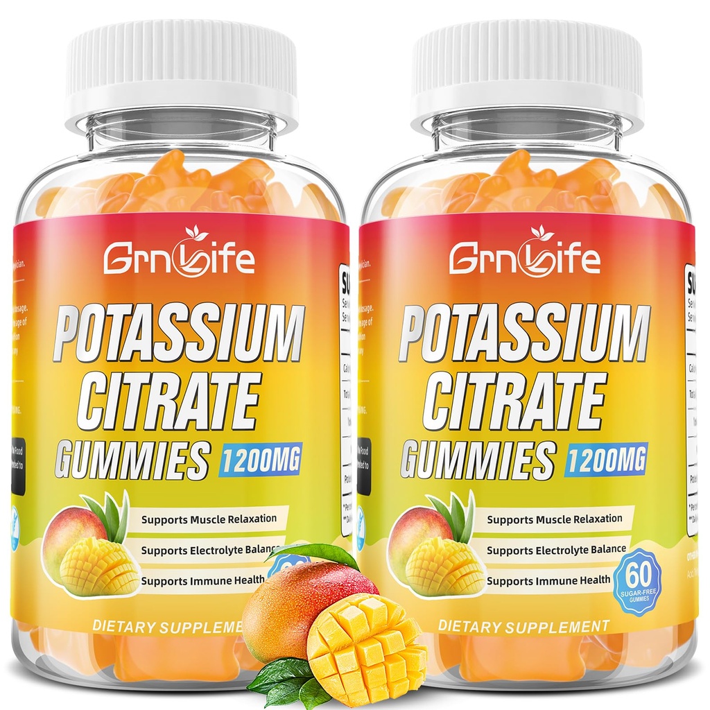 2 Pack Potassium Citrate Gummies, High Potassium Supplement Gummies 1200mg for Adults & Kids, Support Leg Cramps & Muscle Health, Vegan, Mango Flavor 120 Count
