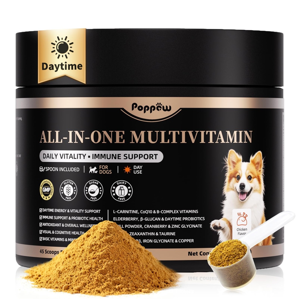Dog Vitamins and Supplements for Daily Energy, Immune, Antioxidant, Gut, Skin & Coat, Dog Multivitamin Powder for Homemade Food with L-Carnitine, Taurine, Probiotics - Chicken Flavor, 75 Scoops