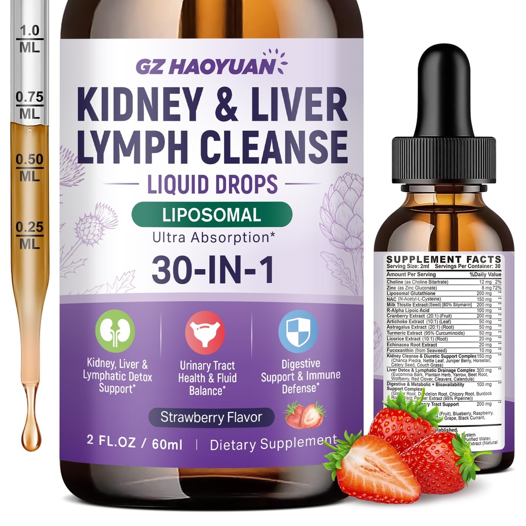 30-in-1 Kidney & Liver, Lymph Cleanse Detox & Repair Drops with Cranberry Extract, Milk Thistle & Dandelion, Kidney Support Supplement, Lymphatic Drainage & Liver Support | Strawberry Flavor, 2 FL Oz