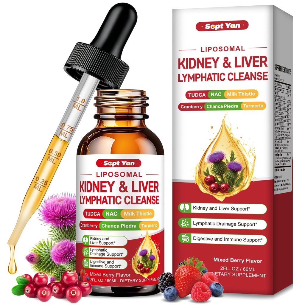 32-in-1 Kidney & Liver, Lymph Cleanse Detox & Repair Drops with Cranberry, Milk Thistle, Chanca Piedra for Lymphatic Drainage, Kidney & Live, Urinary Tract Support, Mixed Berry Flavor, 2 Fl Oz
