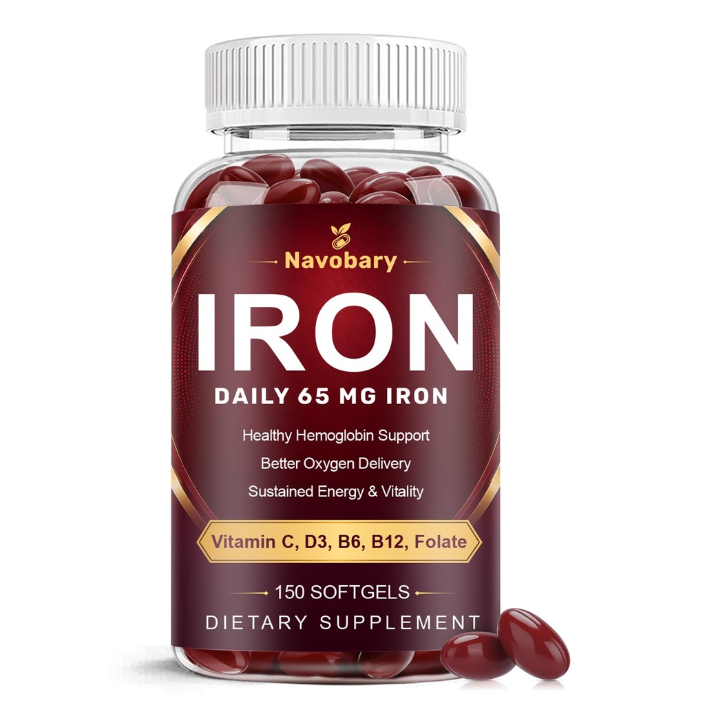 Iron with Multivitamin - 65mg Iron + Vitamin C, D3, E, B6, B12 & Folate for Energy & Red Blood Cell Support - 150 Softgels, 75 Days Supply