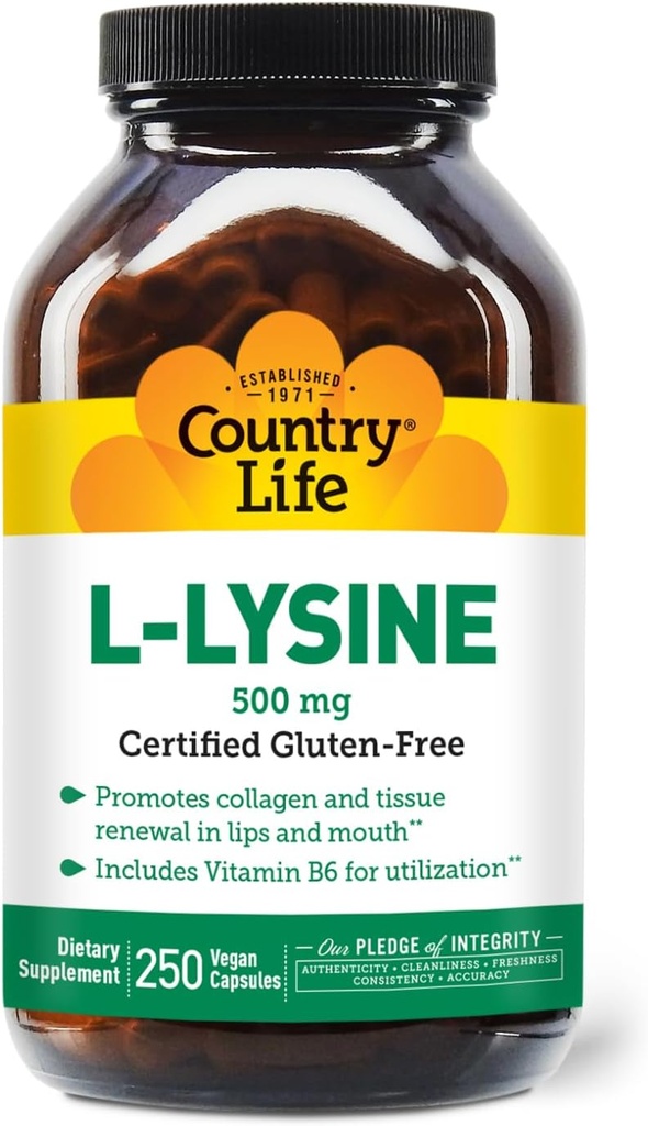 Country Life L-Lysine 500mg med B-6, stöder immunhälsa, främjar Collagen förnyelse i läppar och mun, 250 Vegan kapslar, certifierad glutenfri, certifierad vegan