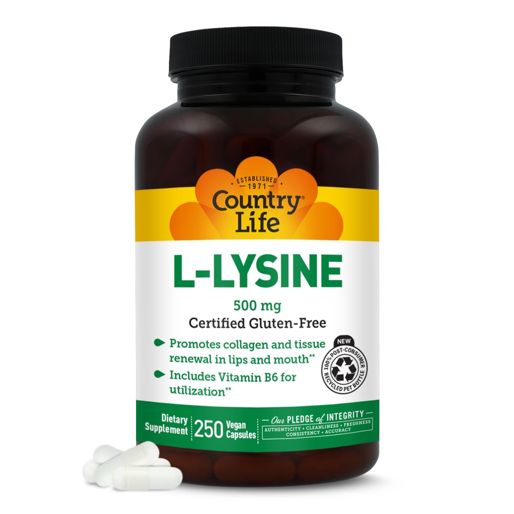 Country Life L-Lysine 500mg with B-6, Supports Immune Health, Promotes Collagen Renewal in Lips and Mouth, 250 Vegan Capsules, Certified Gluten Free, Certified Vegan