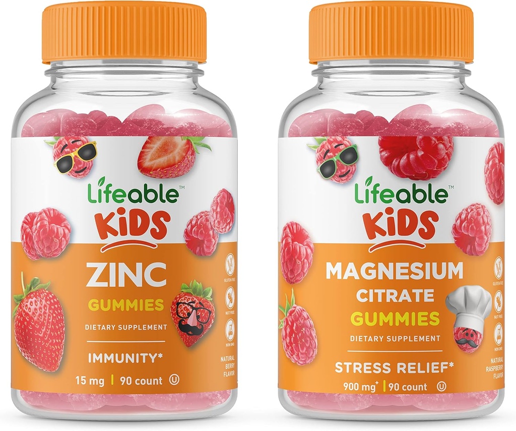 Életképes Magnézium Kids + Cink Kids, Gumik Bundle - Nagy ízű, vitamin kiegészítés, glutén mentes, GMO mentes, rágható gumi