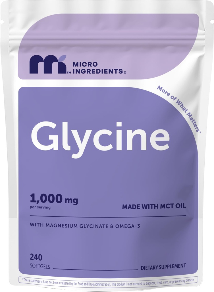 Micro Ingredients Glycine 1,000 mg Per Serving, 240 Softgels | Amino Acid Supplement with Magnesium Glycinate & Omega-3 | Made with MCT Oil | Non-GMO, Gluten Free