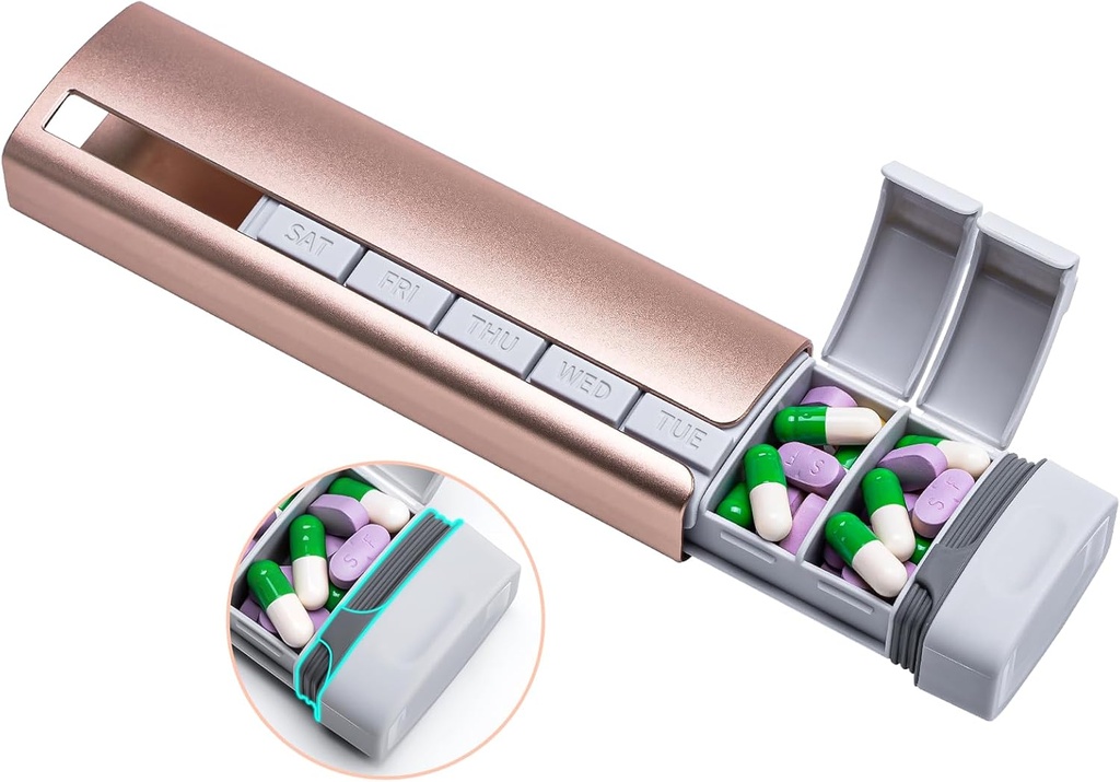 Daviky Metal Travel Pill Organizer, Premium Aluminum Pill Box 7 Day, Weekly Daily Pill Case, Stylish & Cute Pill Holder for Medicines, Supplements and Vitamins (Pink + Gray)