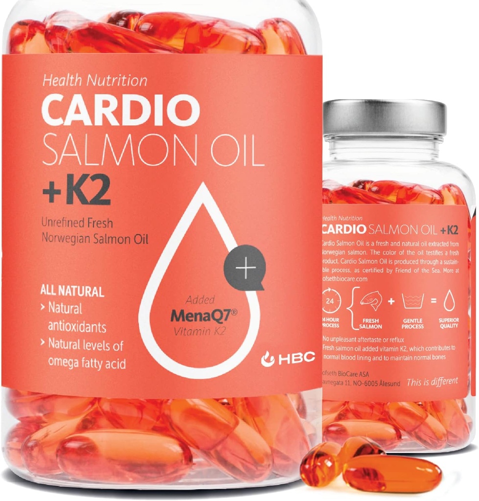 Didelio stiprumo omega 3 žuvų taukai su vitaminu K2-1000mg, Norvegijos lašišos aliejus, EPA & DHA, Burpless, Omega 3 riebalų rūgščių priedas akims, smegenys, širdis & imunitetas - 90 Capsules - Cardio