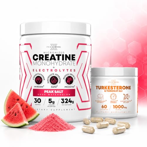 Peak Revival-X Turkesterone Tongkat Ali Capsules + Creatine Monohydrate Powder with Electrolyte Hydration Salts, Sour Watermelon, Muscle Strength Recovery & Hydration Support