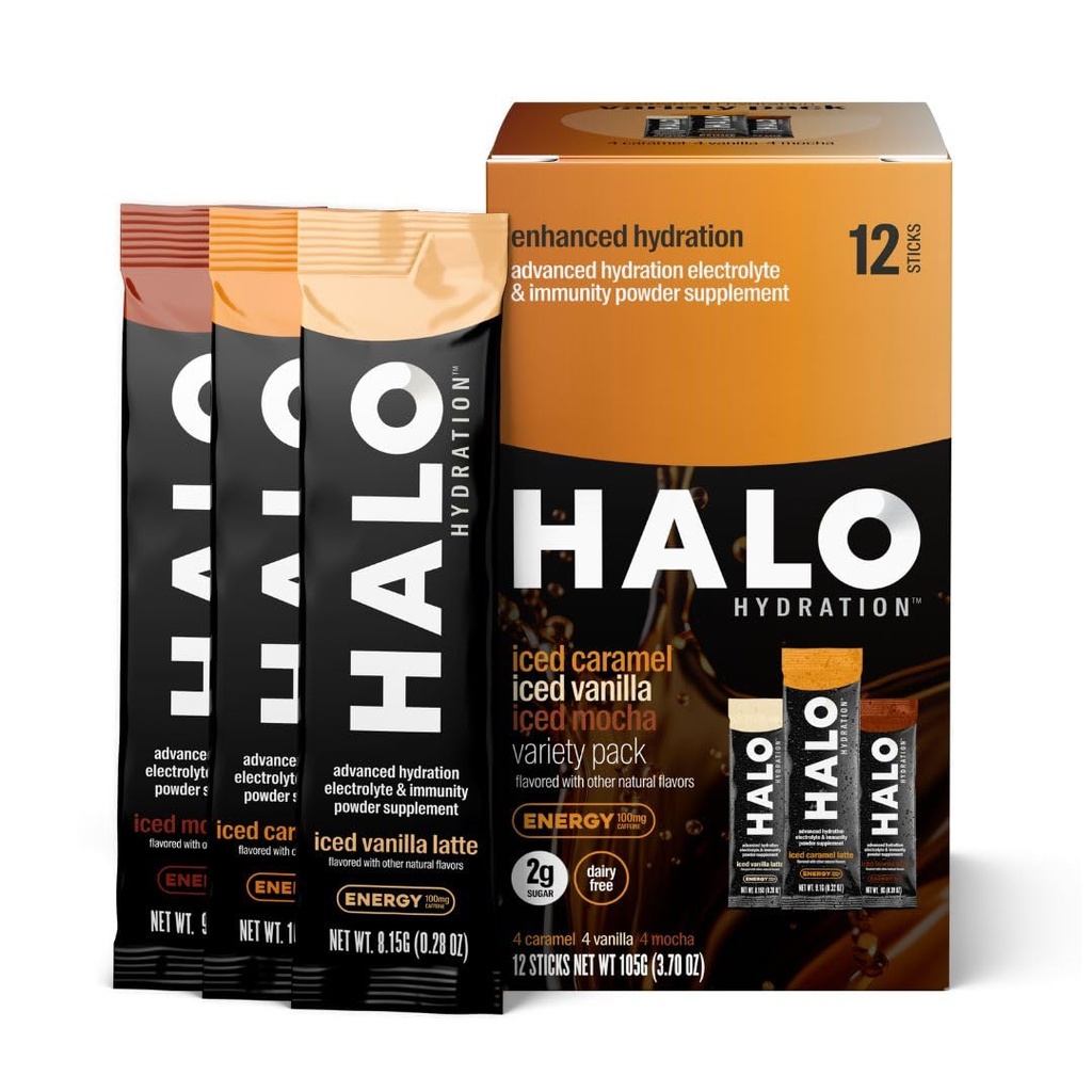 HALO Hydration - Electrolyte Energy Drink Mix | Hydration Powder Packets | Variety Pack (Caramel, Vanilla, Mocha Lattes), Healthy Skinny Coffee | Easy Open Single Serving Stick | 12 Sticks