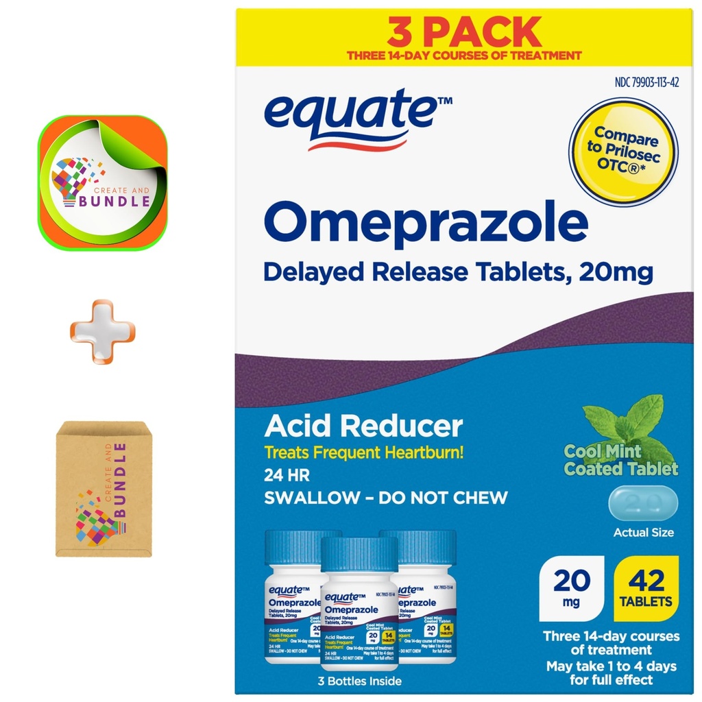 Equate Omeprazole Delayed Release Coated Tablets 20 mg, Cool Mint Flavor, 42 Count - Effective Heartburn Relief with a Refreshing Mint Taste + Create Sticker
