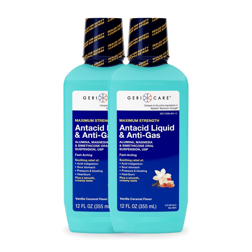 GeriCare Antacid Liquid & Anti-Gas Relief, Maximum Strength for Heartburn, Acid Reflux, Sour Stomach, Pressure & Bloating, Acid Indigestion, & Gas, Vanilla Caramel Flavor (2)