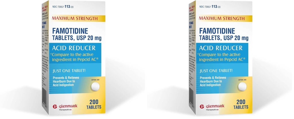 Glenmark Maximum Strength Famotidine Tablets, 20 mg, Acid Reducer for Heartburn Relief, 200 Count (Pack of 2)