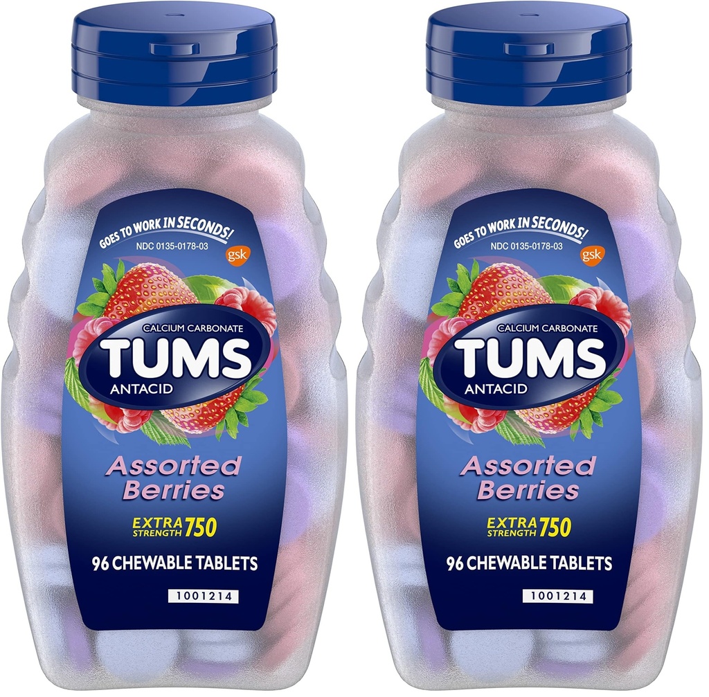TUMS Extra Strength Assorted Berries Antacid Tablets for Heartburn Relief, 96 Count (Pack of 2)