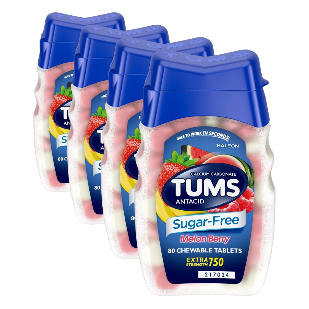 TUMS Extra Strength Chewable Sugar Free Antacid Tablets for Heartburn Relief, Melon Berry - 80 Count (Pack of 4)